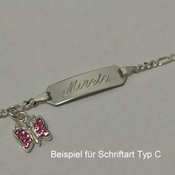 Kinderarmband mit Gravur, Schmetterling mit rosa Glassteine, Figaro-Taufarmband in 925/- Silber, 16 cm
