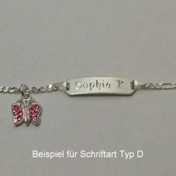 Kinderarmband mit Gravur, Schmetterling mit rosa Glassteine, Figaro-Taufarmband in 925/- Silber, 16 cm