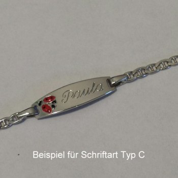 Kinderarmband mit Gravur, Taufarmband, Marienkäfer auf Gravurschild, in 925/- Silber, 16 cm lang