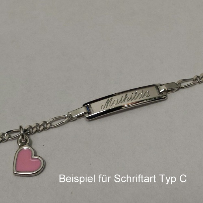 Kinderarmband mit Gravur, Herz rosa in 925 Silber, Taufarmband für Mädchen, 16 cm lang