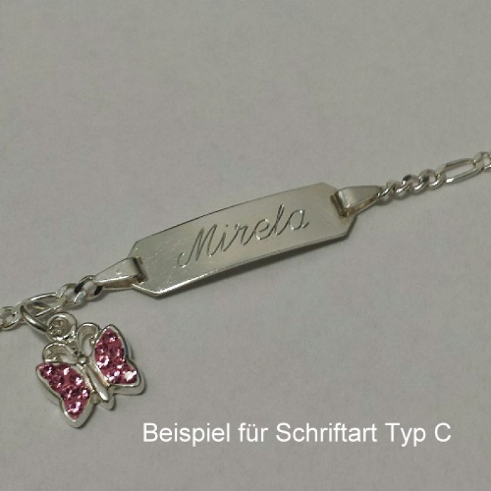 Kinderarmband mit Gravur, Schmetterling mit rosa Glassteine, Figaro-Taufarmband in 925/- Silber, 16 cm