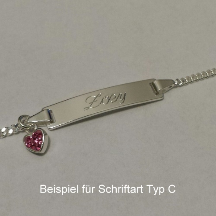 Gravurarmband mit Glasstein-Herz rosa in 925/- Silber, 16 cm lang