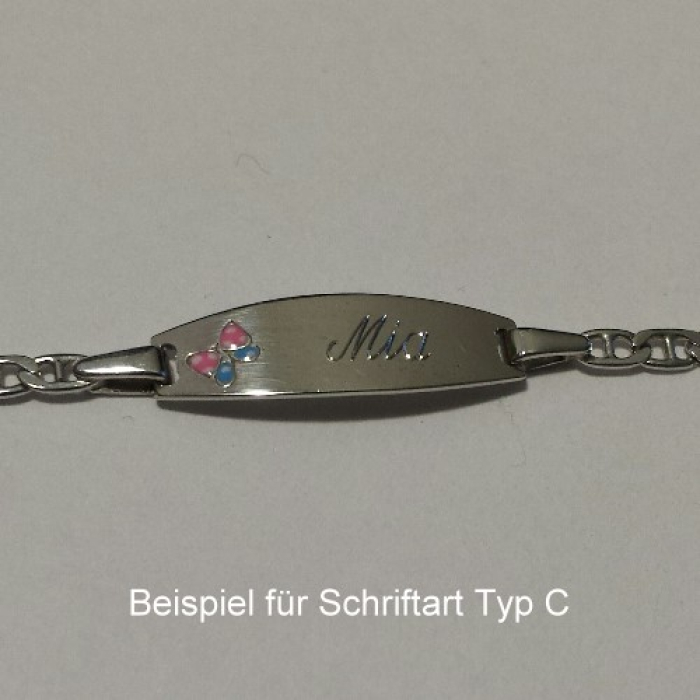 Kinderarmband mit Gravur, Taufarmband, Schmetterling auf dem Gravurschild, rosa-hellblau, in 925/- Silber, 16 cm lang