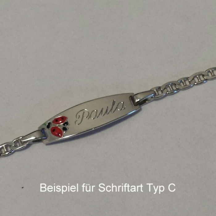 Kinderarmband mit Gravur, Taufarmband, Marienkäfer auf Gravurschild, in 925/- Silber, 16 cm lang